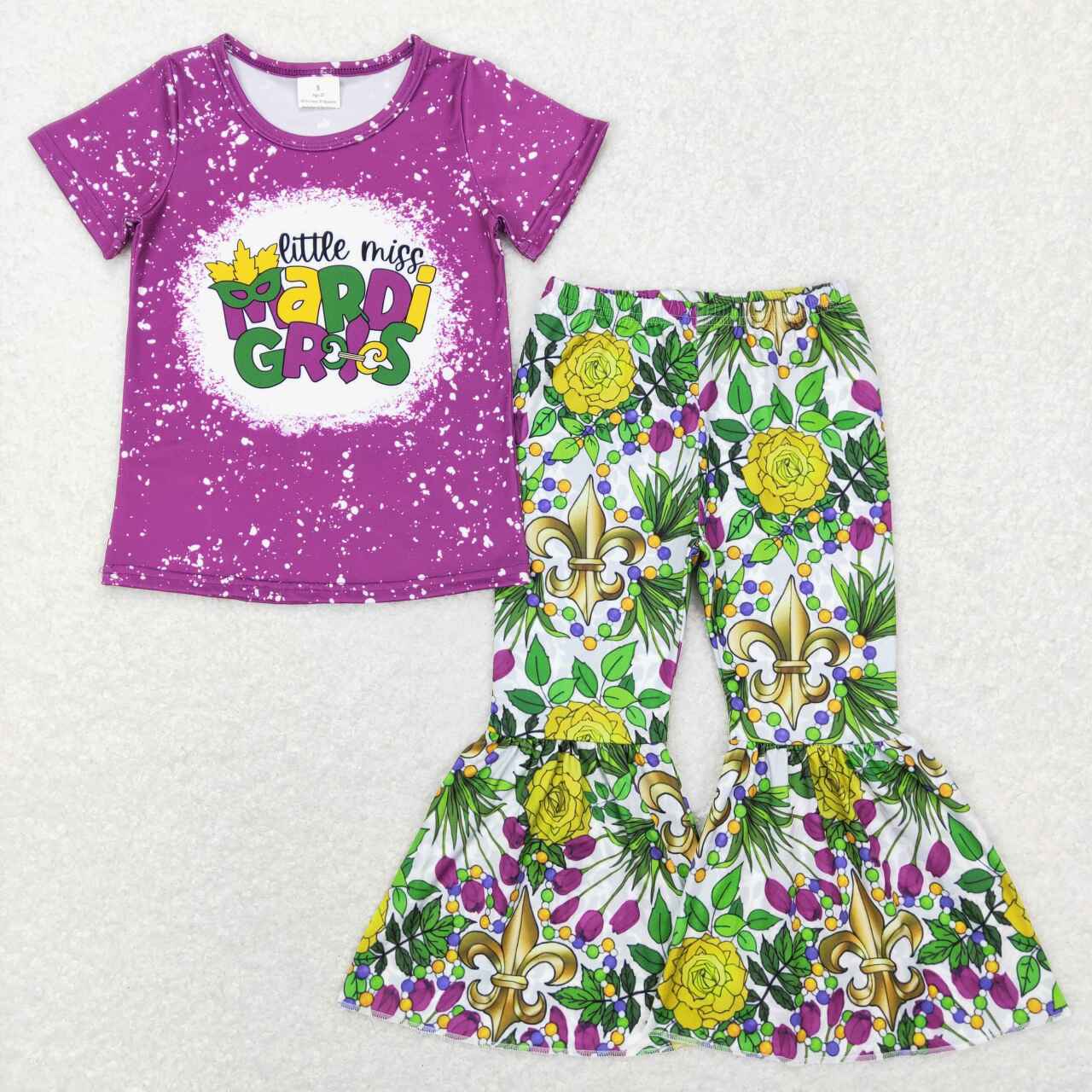 GSPO1171 Little Miss Mardi Gras Top Flowers Bell Pants Girls Clothes Set