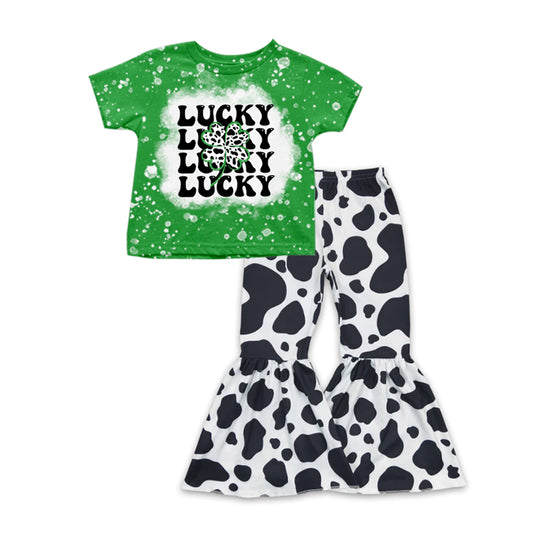 (Pre-order)GSPO1172 Lucky Green Top Cow Bell Pants Girls St. Patrick's Clothes Set