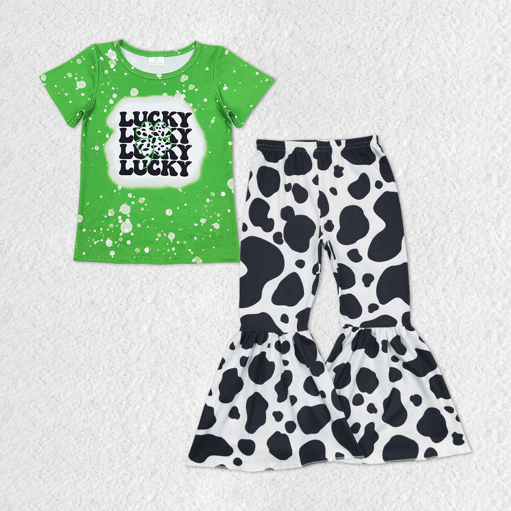 GSPO1172 Lucky Quatrefoil Top Cow Bell Pants Girls St. Patrick's Clothes Set