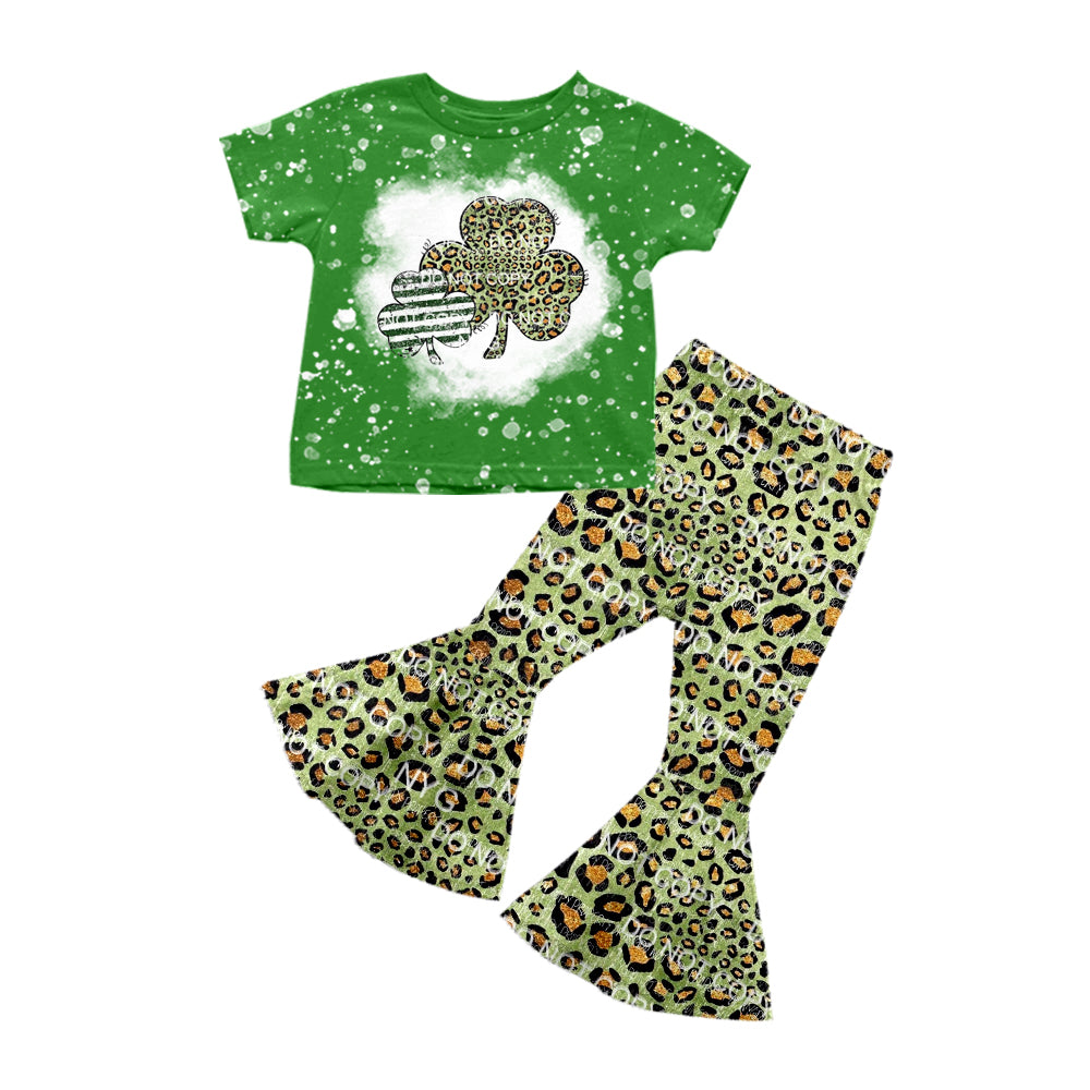 (Pre-order)GSPO1173 Quatrefoil Leopard Print Girls St. Patrick's Clothes Set