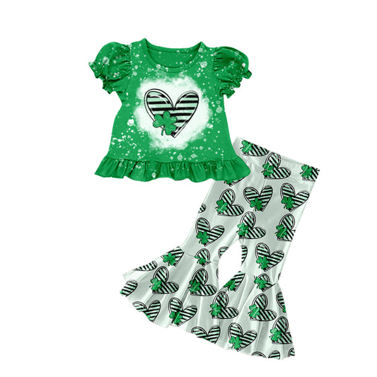 (Pre-order)GSPO1179 Green Quatrefoil Heart Print Girls St. Patrick's Clothes Set