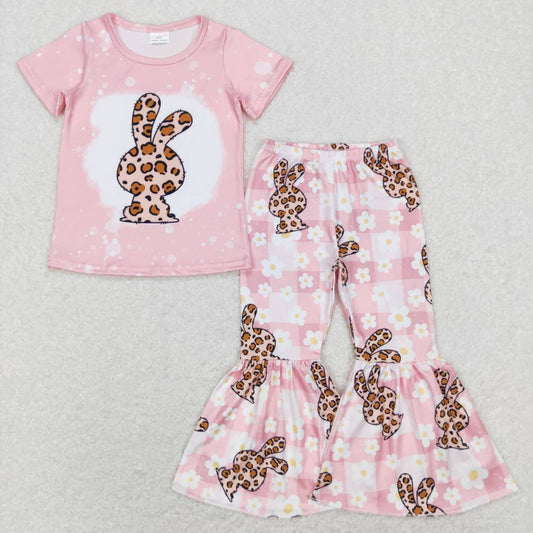 GSPO1181 Pink Bunny Flowers Print Girls Easter Clothes Set