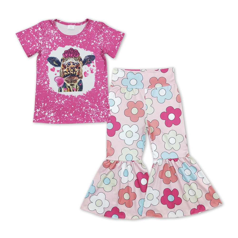 GSPO1184 Pink Heart Cow Top Flowers Bell Pants Girls Clothes Set