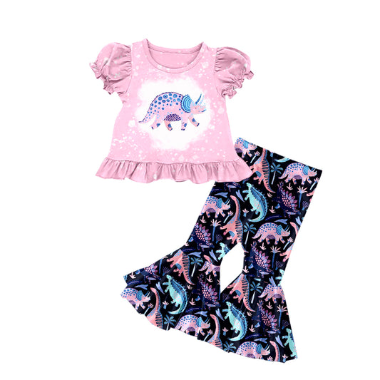 (Pre-order)GSPO1201 Pink Dino Print Bell Pants Girls Western Clothes Set