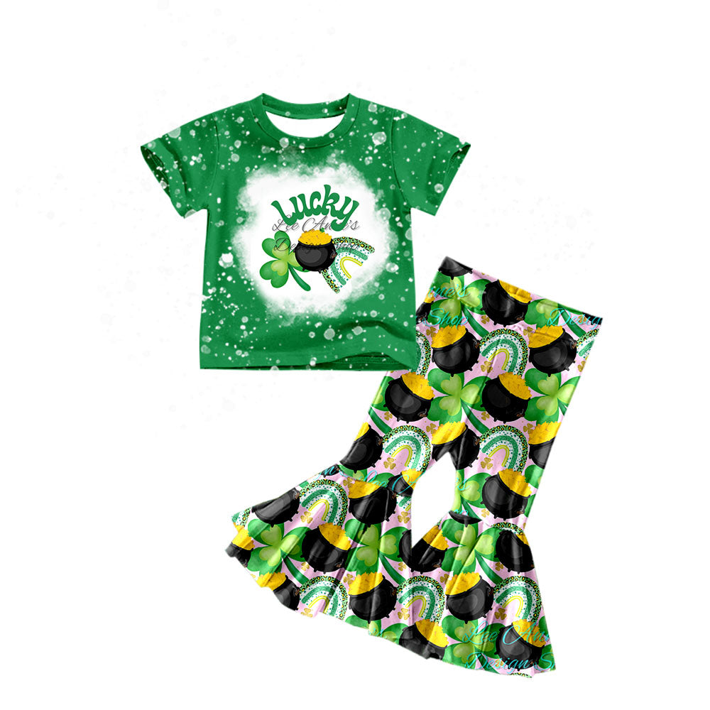 (Pre-order)GSPO1204 Green Quatrefoil Lucky Gold Rainbow Print Bell Pants Girls St. Patrick's Clothes Set