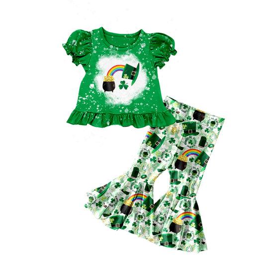 (Pre-order)GSPO1207  Green Quatrefoil Hat Gold Print Girls St. Patrick's Cothes Set