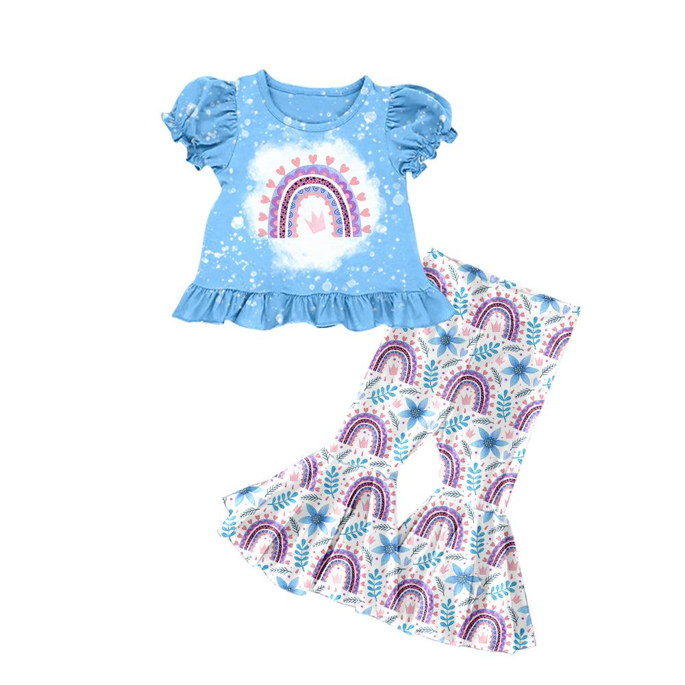 (Pre-order)GSPO1213  Blue Rainbow Heart Print Girls Cothes Set