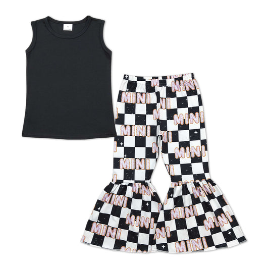 GSPO1224  Black Sleeveless Top MINI Black Plaid Bell Pants Girls Clothes Set