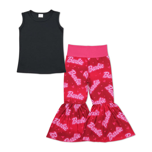 GSPO1225  Black Sleeveless Top Hot Pink BA Heart Print Bell Pants Girls Clothes Set