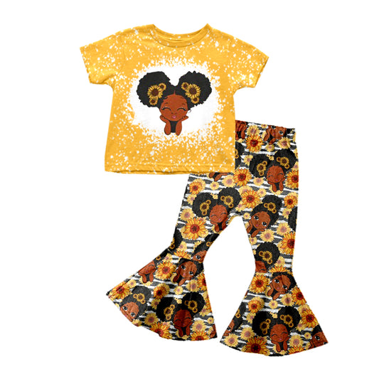 (Pre-order)GSPO1230  Sunflowers Print Black Girls Cothes Set