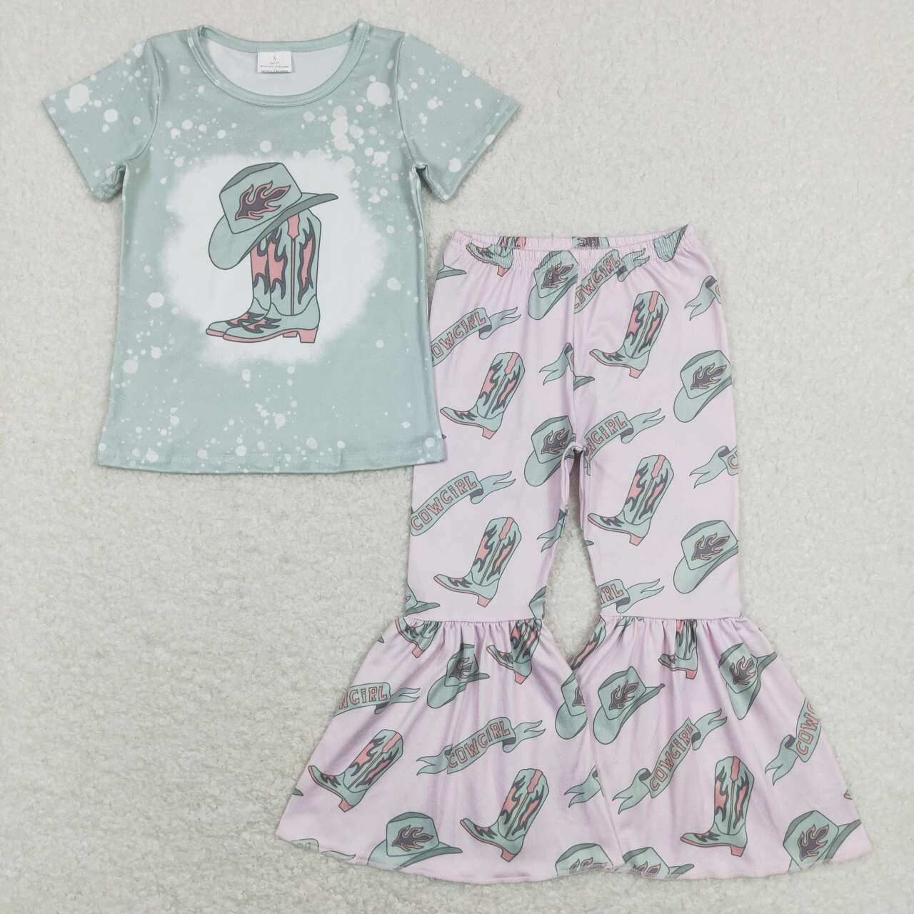 3 Colors Western Boots Print Bell Pants Girls Clothes Set