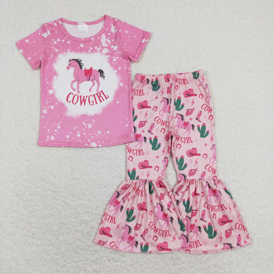 GSPO1238 Cowgirl Horse Print Pink Top Bell Pants Girls Clothes Set