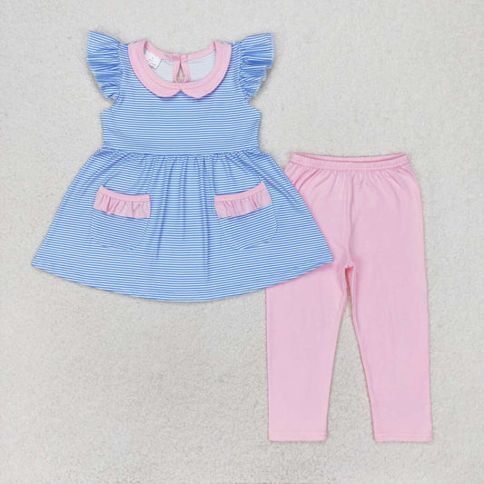 GSPO1241 Blue Stripes Pockets Tunic Top Pink Legging Pants Girls Clothes Set
