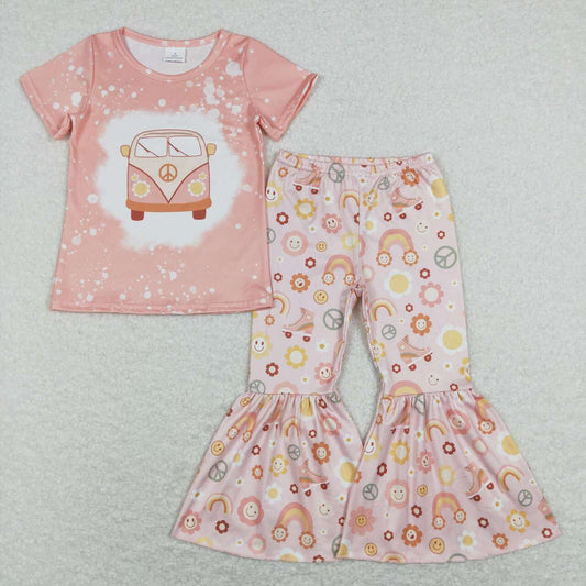 GSPO1243 Flowers Bus Print Pink Top Bell Pants Girls Clothes Set