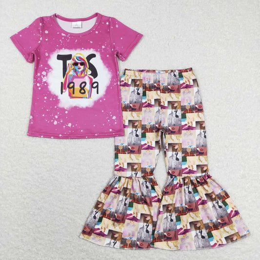 GSPO1245 Singer Print Purple Top Bell Pants Girls Clothes Set