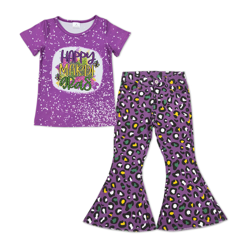 GSPO1250 Purple Happy Mardi Gras Print Top Leopard Denim Bell Jeans Girls Clothes Set