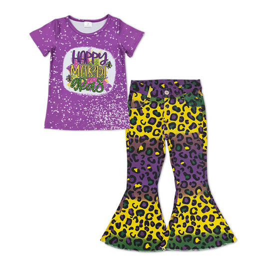 GSPO1251 Purple Happy Mardi Gras Print Top Leopard Denim Bell Jeans Girls Clothes Set