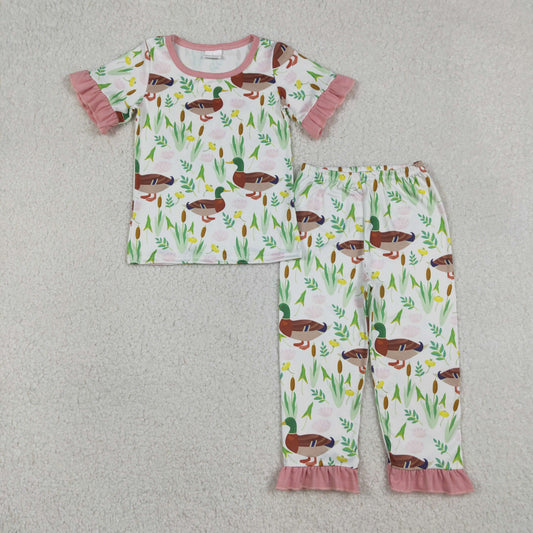 GSPO1252 Duck Flowers Print Girls Pajamas Clothes Set