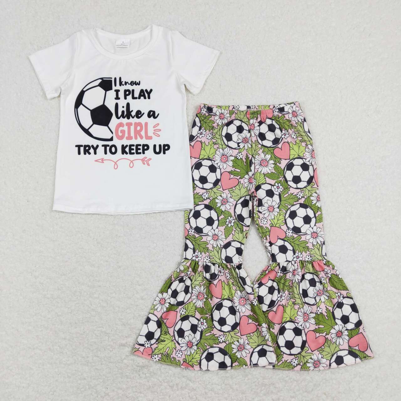 GSPO1263 Soccer Flowers Print Girls Bell Pants Clothes Set