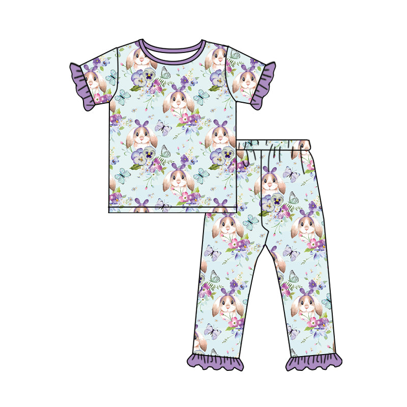 (Pre-order)GSPO1279 Flowers Bunny Print Girls Easter Pajamas Clothes Set