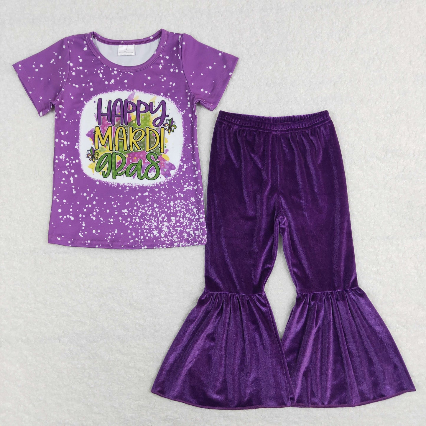 GSPO1280 Purple Happy Mardi Gras Top Purple Velvet Bell Pants Girls Clothes Set