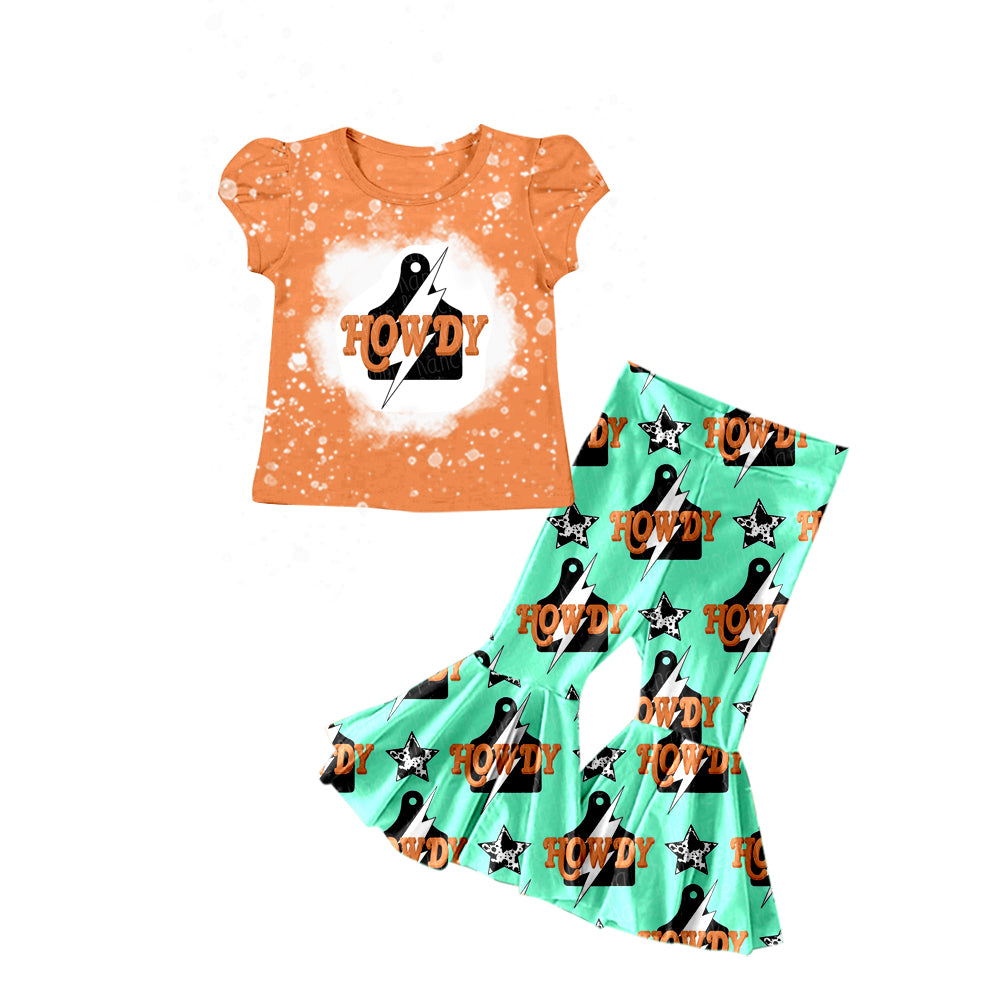 (Pre-order)GSPO1284 Howdy Cow Tag Print Girls Clothes Set