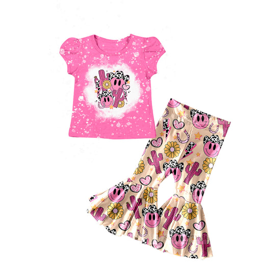 (Custom Design Preorder MOQ 5)Pink Cactus Smiling Face Heart Print Girls Valentine's Clothes Set