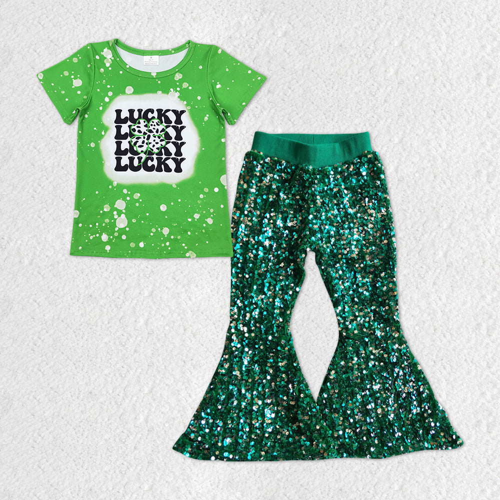 GSPO1297 Lucky Quatrefoil Top Green Sequin Bell Pants St. Patrick's Girls Clothes Set