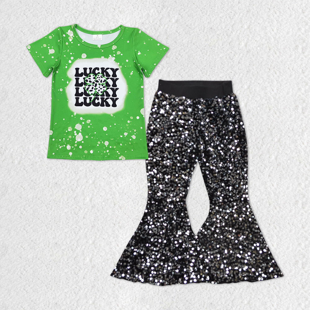 GSPO1299 Lucky Quatrefoil Top Black Sequin Bell Pants St. Patrick's Girls Clothes Set