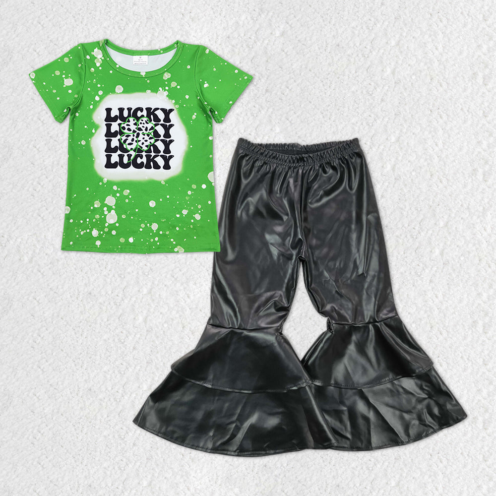 GSPO1300 Lucky Quatrefoil Top Black Pleather Bell Pants Girls St. Patrick's Clothes Set