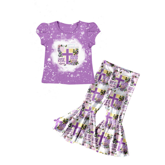 (Pre-order)GSPO1308 Purple Cross Print Girls Easter Clothes Set