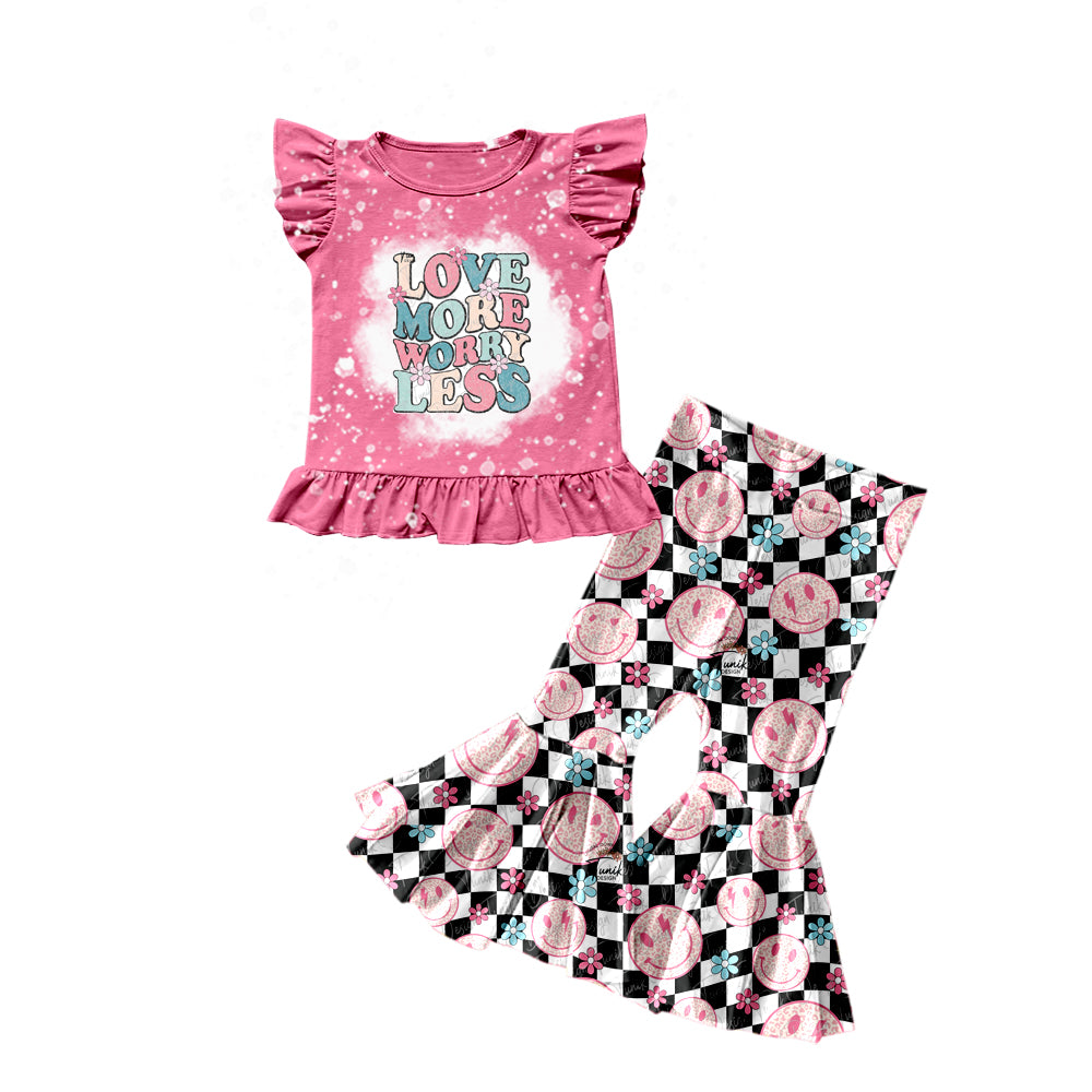 (Pre-order)GSPO1311 LOVE MORE WORRY LESS Smiling Flowers Print Girls Valentine's Clothes Set