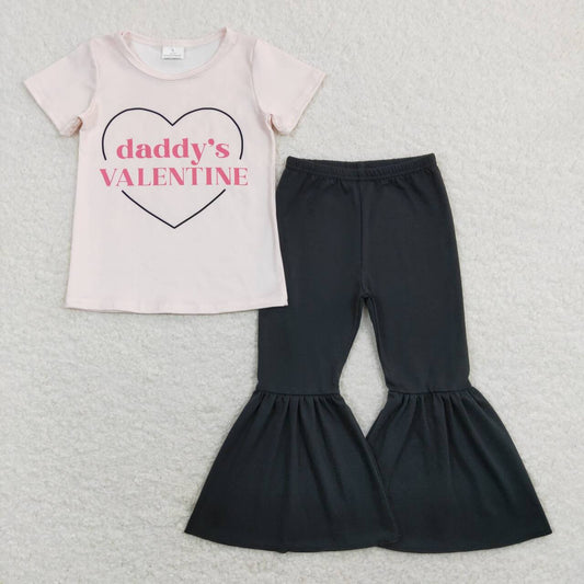 GSPO1314 Heart Daddy's Valentine Top Black Bell Pants Girls Clothes Set