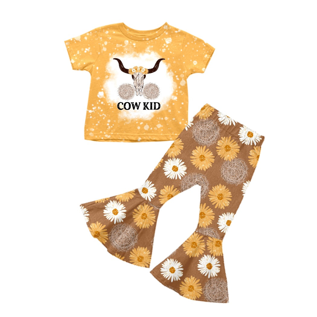 (Pre-order)GSPO1315 Sunflowers Cow Kid Print Girls Clothes Set