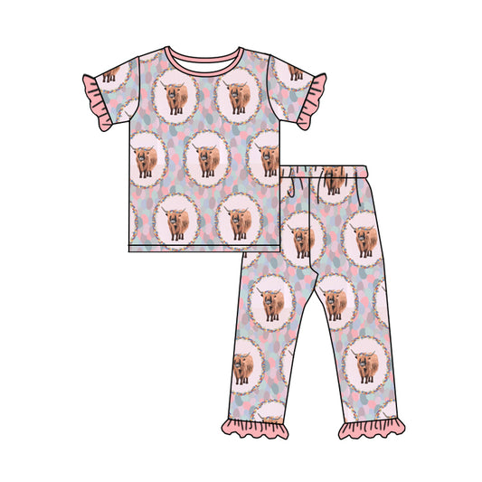 (Pre-order)GSPO1317 Highland Cow Pink Print Girls Pajamas Clothes Set