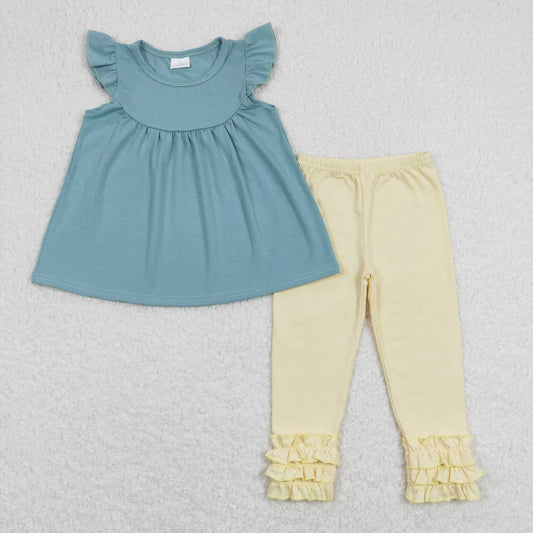 GSPO1321 Blue Flutter Sleeve Top Icing Ruffles Legging Pants Girls Clothes Set