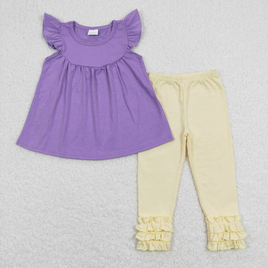 GSPO1322 Purple Flutter Sleeve Top Icing Ruffles Legging Pants Girls Clothes Set