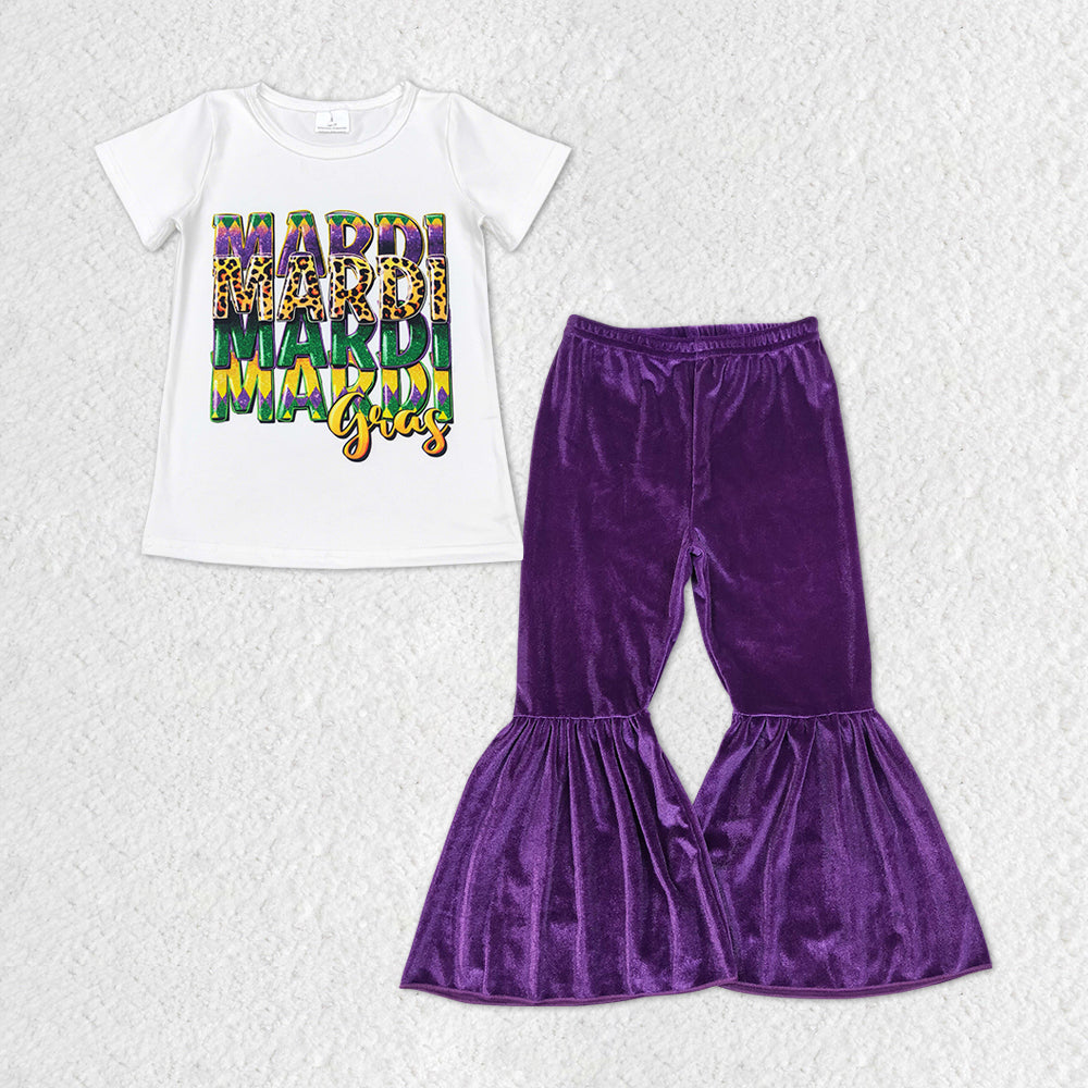 GSPO1325 Mardi Gras Top Purple Velvet Bell Pants Girls Clothes Set