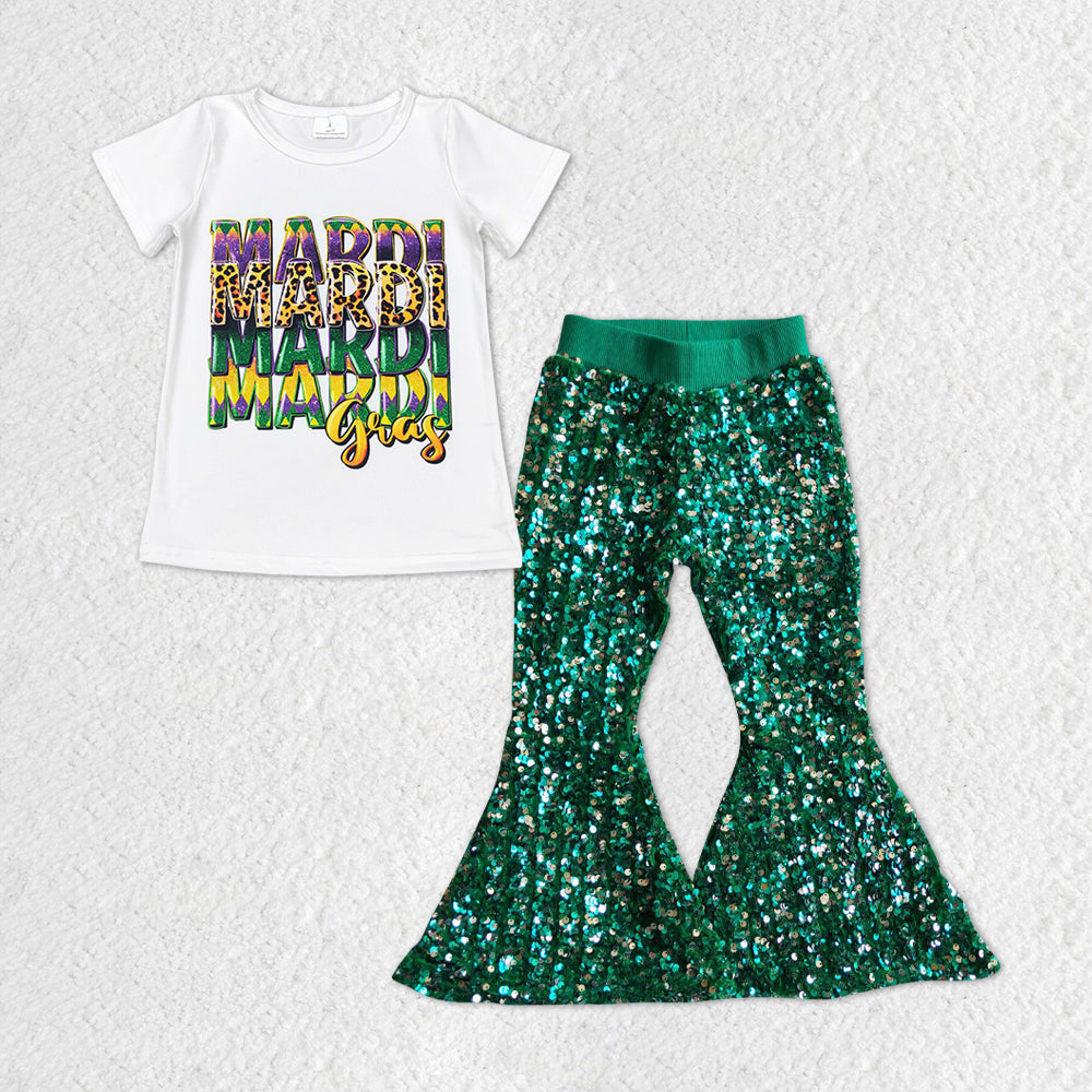 GSPO1327 Mardi Gras Top Green Sequin Bell Pants Girls Clothes Sets