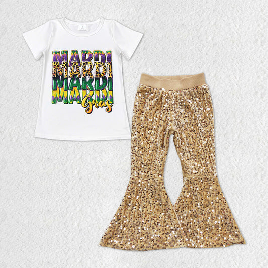 GSPO1328 Mardi Gras Top Gold Sequin Bell Pants Girls Clothes Sets