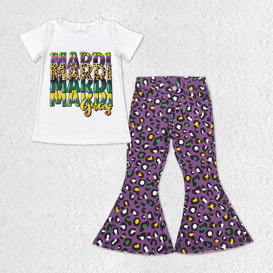 GSPO1329 Mardi Gras Top Purple Leopard Denim Bell Jeans Girls Clothes Set