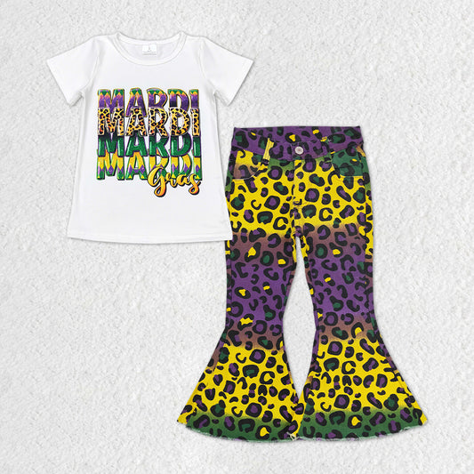 GSPO1330 Mardi Gras Top Leopard Denim Bell Jeans Girls Clothes Set