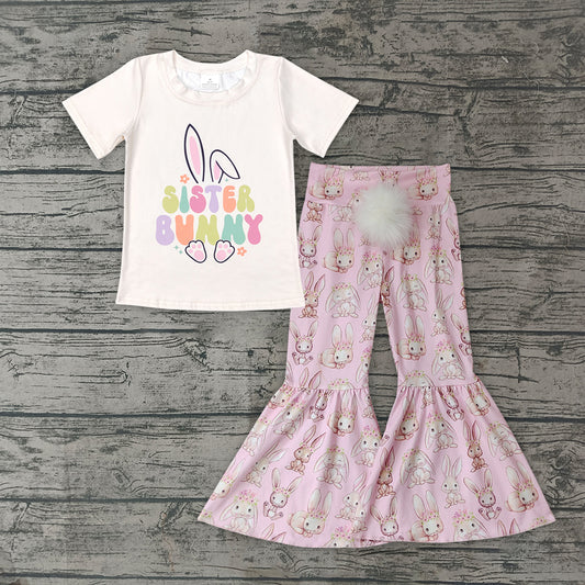 GSPO1344 Sister Bunny Pink Flowers Top Tail Bell Pants Girls Easter Clothes Set