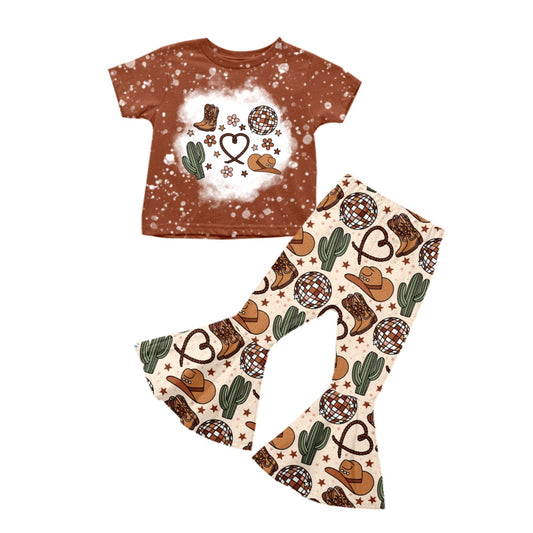 (Pre-order)GSPO1348 Brown Hat Boots Cactus Print Girls Clothes Set