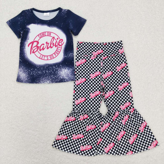 GSPO1351 Come On Let's Go Party Pink BA Navy Top Plaid Bell Pants Girls Clothes Set