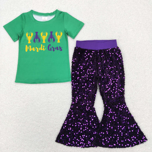GSPO1355 Green Crayfish Top Purple Sequin Bell Pants Girls Mardi Gras Clothes Sets