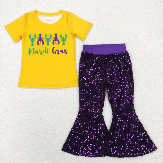 GSPO1356 Yellow Crayfish Top Purple Sequin Bell Pants Girls Mardi Gras Clothes Sets