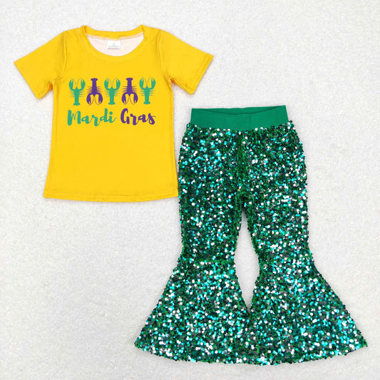 GSPO1357 Green Crayfish Top Purple Sequin Bell Pants Girls Mardi Gras Clothes Sets