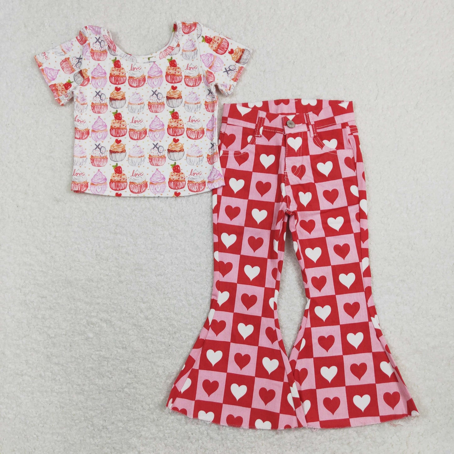 GSPO1362 Pink Cupcake Top Heart Denim Bell Bottom Jeans Girls Valentine's Clothes Set