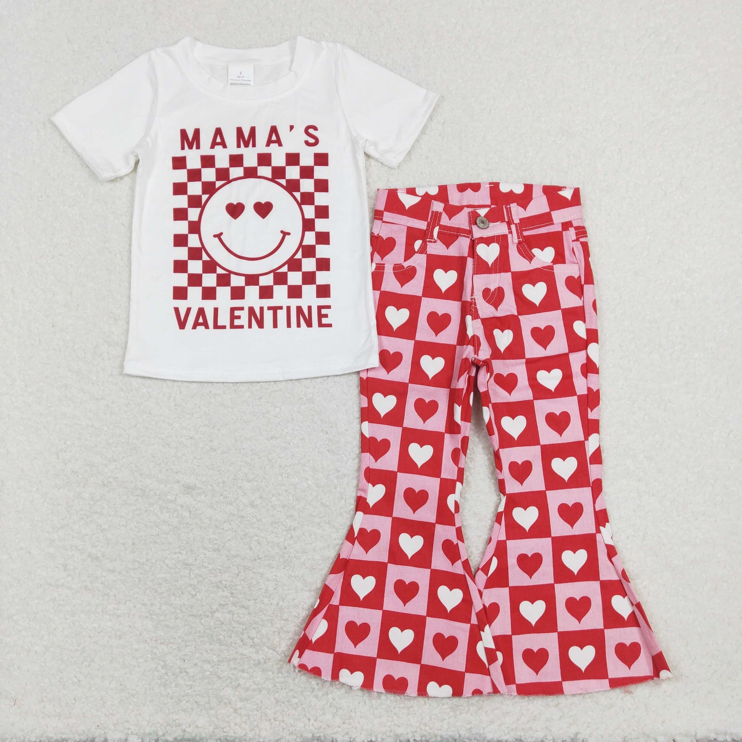 GSPO1363 Mama's Valentine Red Plaid Smiling Face Top Heart Denim Bell Bottom Jeans Girls Valentine's Clothes Set